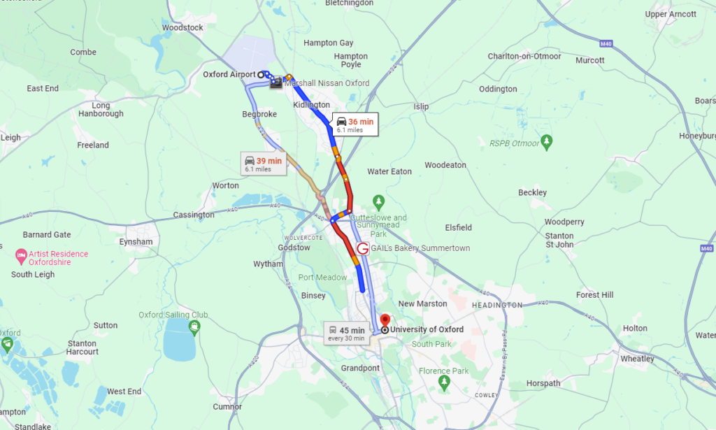 Different routes between Oxford University and Oxford Airport: